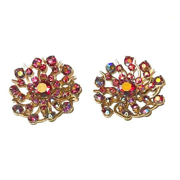 Vintage Gold-tone Sunburst Pattern Aurora Borealis Rhinestone Clip-on Earrings - Picture 10 of 10